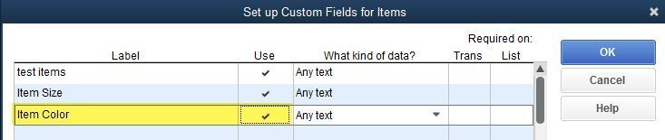 Custom Fields in QuickBooks 6 color setup