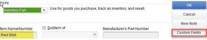 Custom Fields in QuickBooks 4 red shirt item