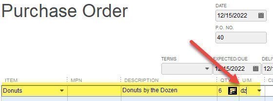 Units of Measure in QuickBooks 13 Donuts PO