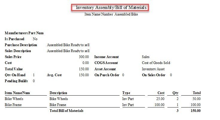 Assembly Items in QuickBooks 8 BOM