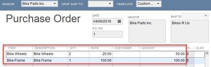 Assembly Items in QuickBooks 2 Bike PO