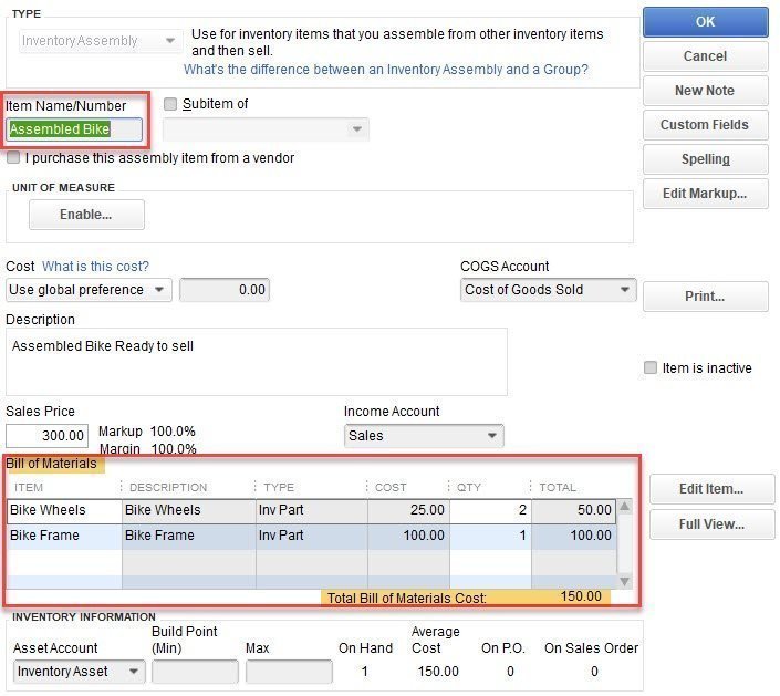 Assembly Items in QuickBooks 7 Item Window