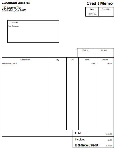 Customer Credit in QuickBooks 6 Credit Memo