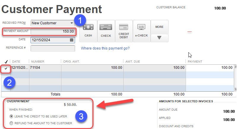 Customer Credit in QuickBooks 3 Customer Payment 1 2 3