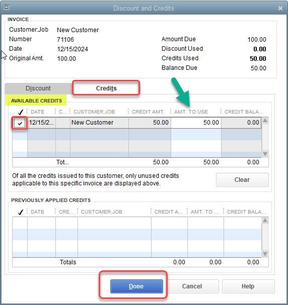 Customer Credit in QuickBooks 11 Discount and Credits window 3