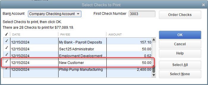 Customer Credit in QuickBooks 17 Select Checks To Print