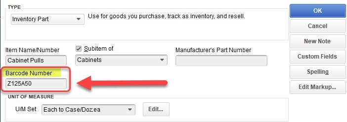 Print Barcode Labels in QuickBooks Enterprise 5 Barcode Field