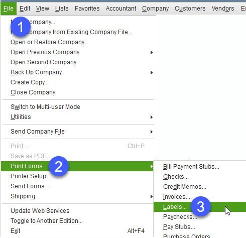 Print Barcode Labels in QuickBooks Enterprise 6 Print Labels Menu
