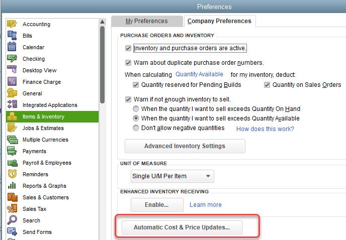 Automatic Price Updates in QuickBooks 6 First Preference Window