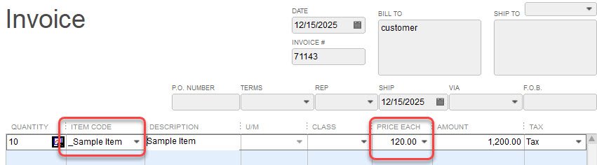 Automatic Price Updates in QuickBooks 11 Invoice New Price