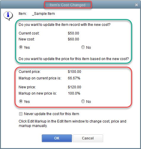 Automatic Price Updates in QuickBooks 9 Items Cost Changed Popup Message