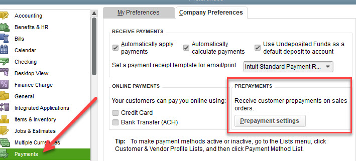 Prepayments on Sales Orders 3 Prepayments Preference Window